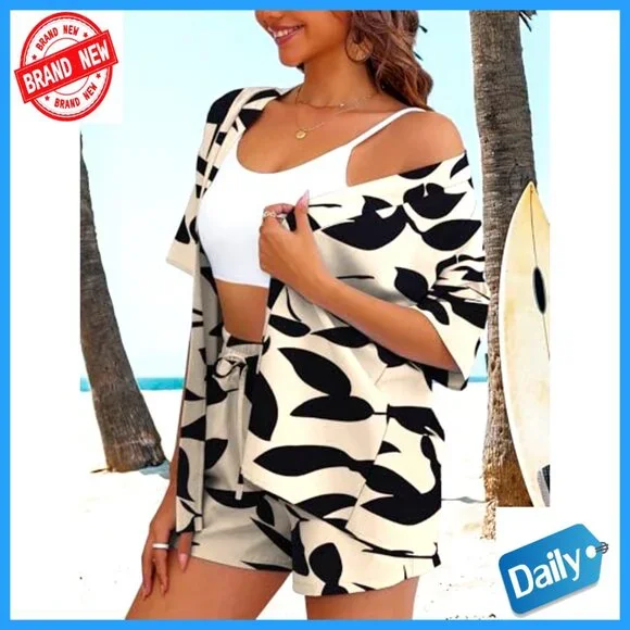 Tropical Print Kimono Set Lightweight Blouse Shorts Summer Beach Coverup - Picture 3 of 7